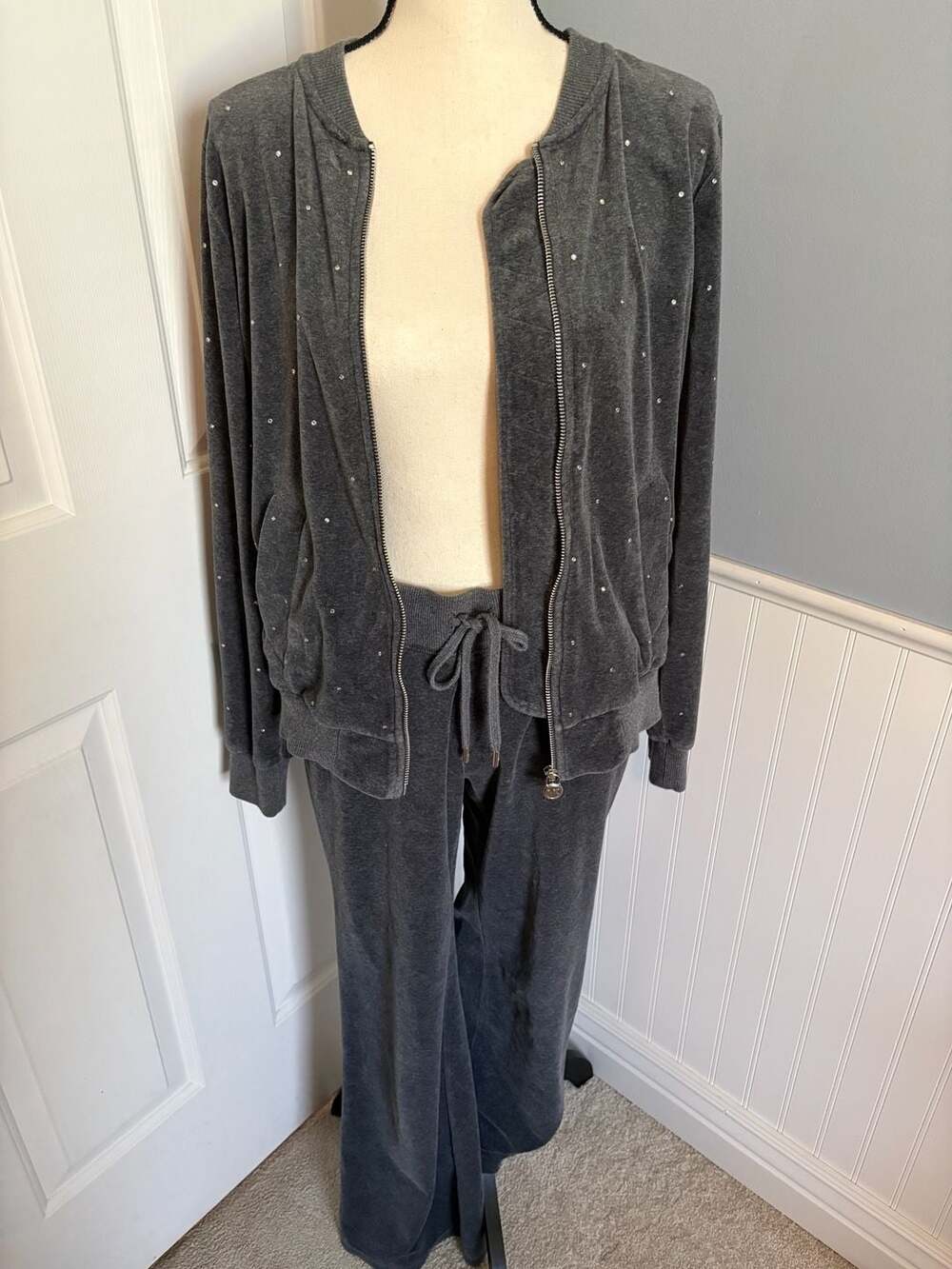 MICHAEL Michael Kors Grey Velour Rhinestone Embellished Tracksuit Set